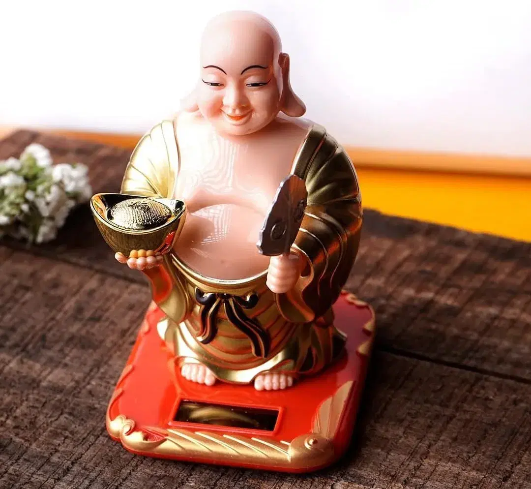 Ahina Solar Powered Bobblehead Laughing Buddha Statue, Gold and Red, Car Dashboard Decorative Figurine