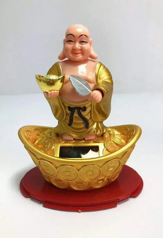 Ahina Laughing Buddha Figurine on Gold Ingot with Lucky Coins, Feng Shui Wealth Decor, Resin Statue