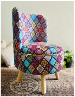 Multicolour Jaipuri Print Ottoman Chair With Wooden Legs