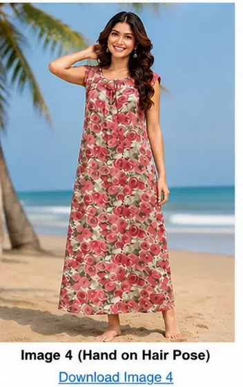 Woman wearing a sleeveless pink floral maxi dress on a beach with palm tree background