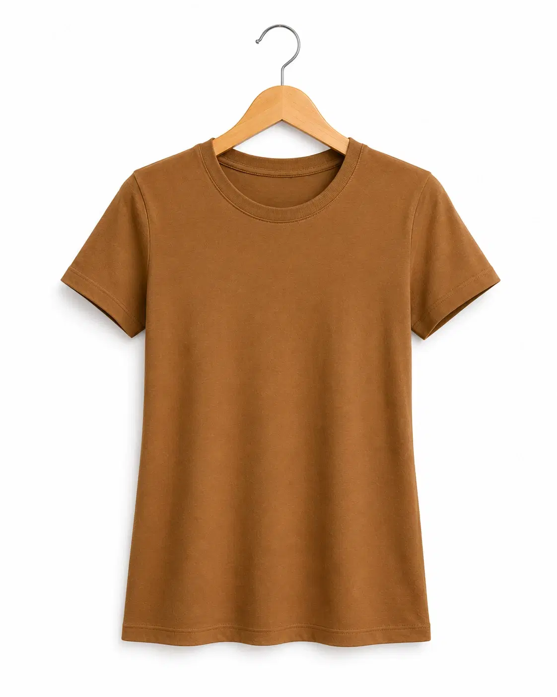 Solid brown short-sleeve crew neck T-shirt hanging on a wooden hanger