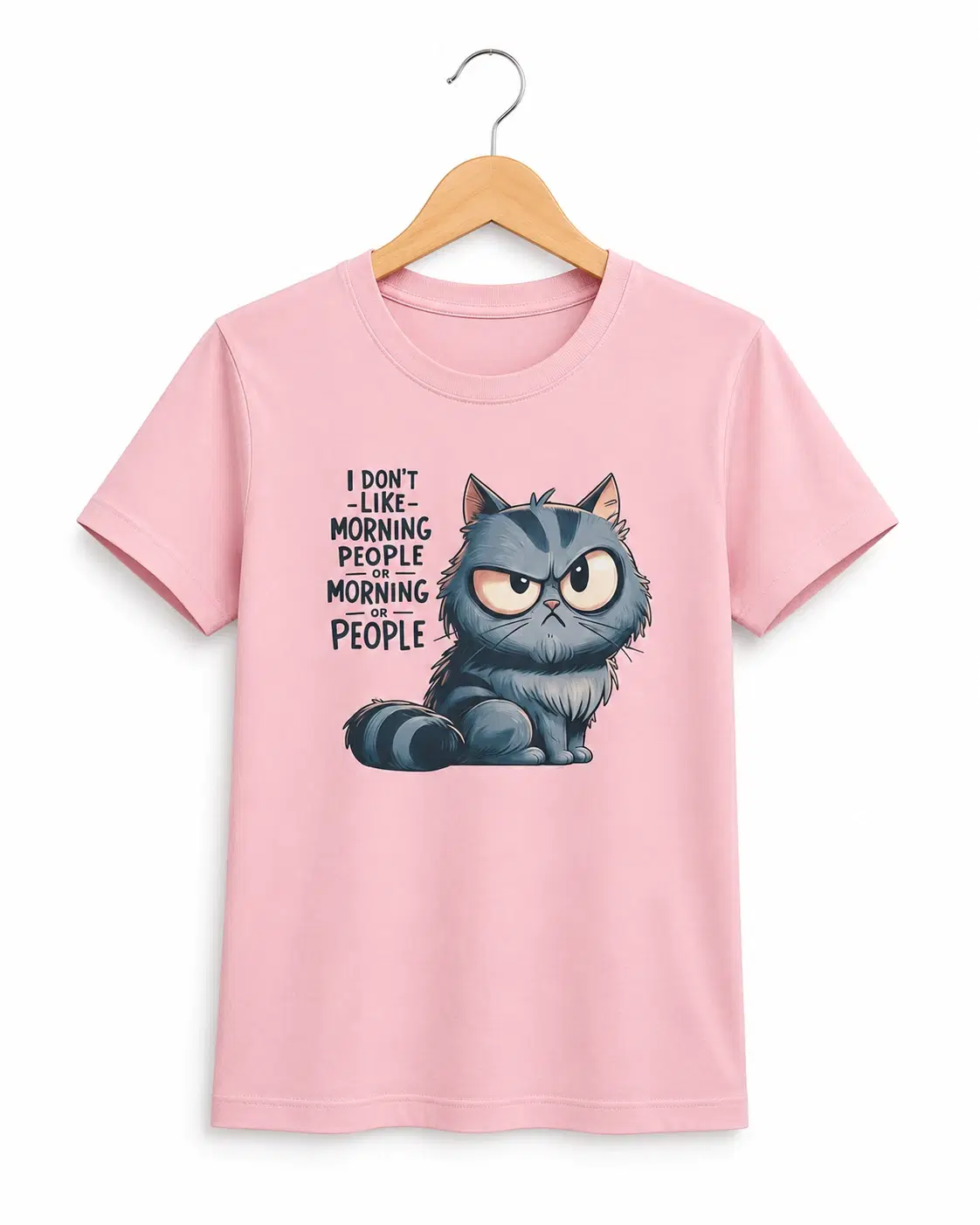 Pink short-sleeve T-shirt with grumpy cat graphic and funny text on a wooden hanger