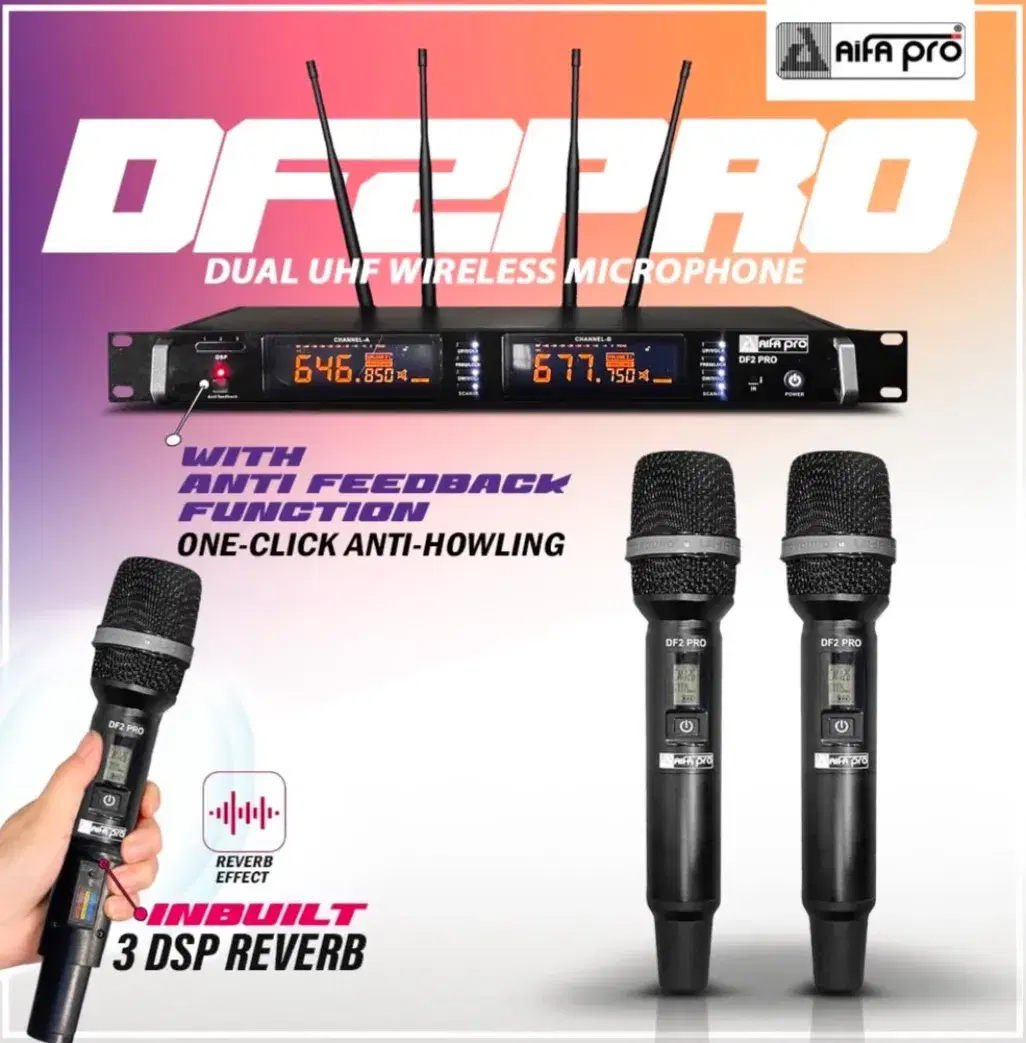 Aifa Pro DF2 Pro Dual UHF Wireless Microphone System with Receiver