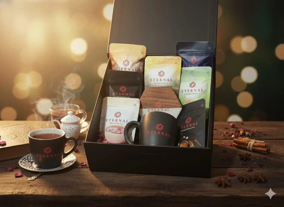 ETERNAL™corp Premium Corporate Tea Hamper | 7×50g Gourmet Teas + Classic Cup + Designer Coaster | Luxury Office, Client & Festive Gifting