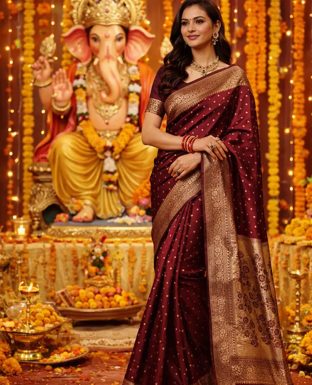 Woman wearing a maroon silk saree with golden zari border and motifs in festive decor
