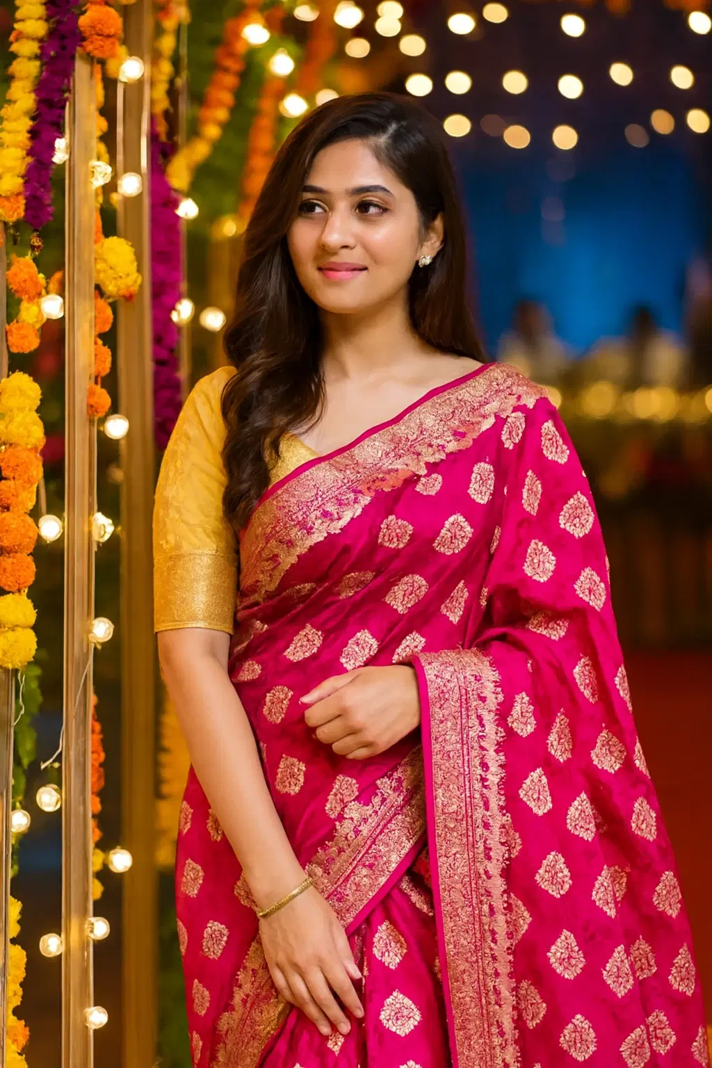 Woman wearing a bright pink silk saree with gold zari motifs and border, paired with a golden blouse