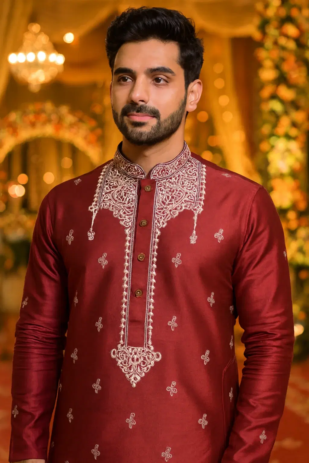 Men's Maroon Embroidered Silk Kurta