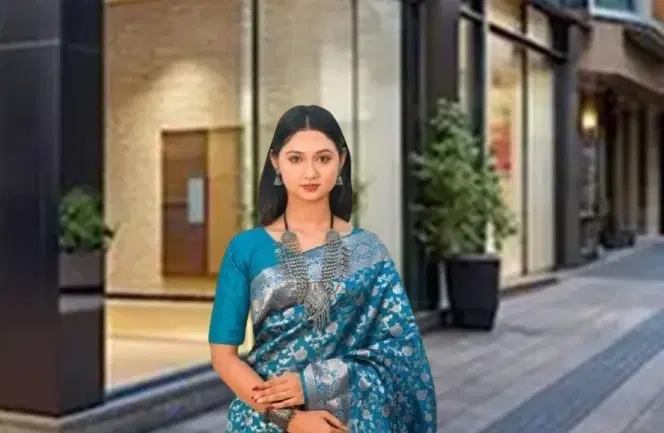 Women's Blue Silk Saree with Silver Floral Weave