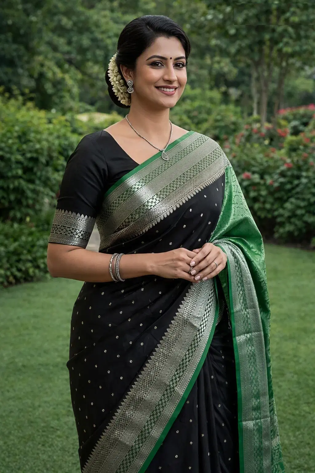 Woman wearing a black silk saree with green border and silver zari detailing in a garden setting