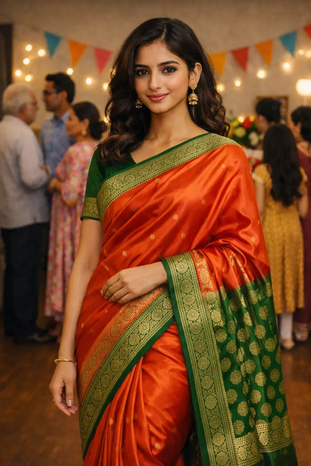 Women's Orange Benarasi Silk Saree with Green Zari Border