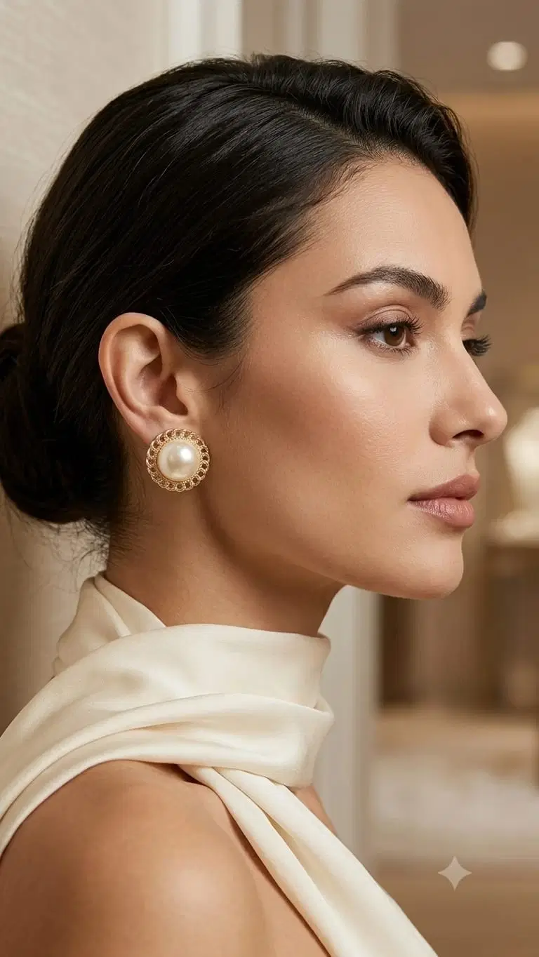 Classic Pearl Stud Earrings for Women, Gold-Toned Round Daily Wear Ear Tops