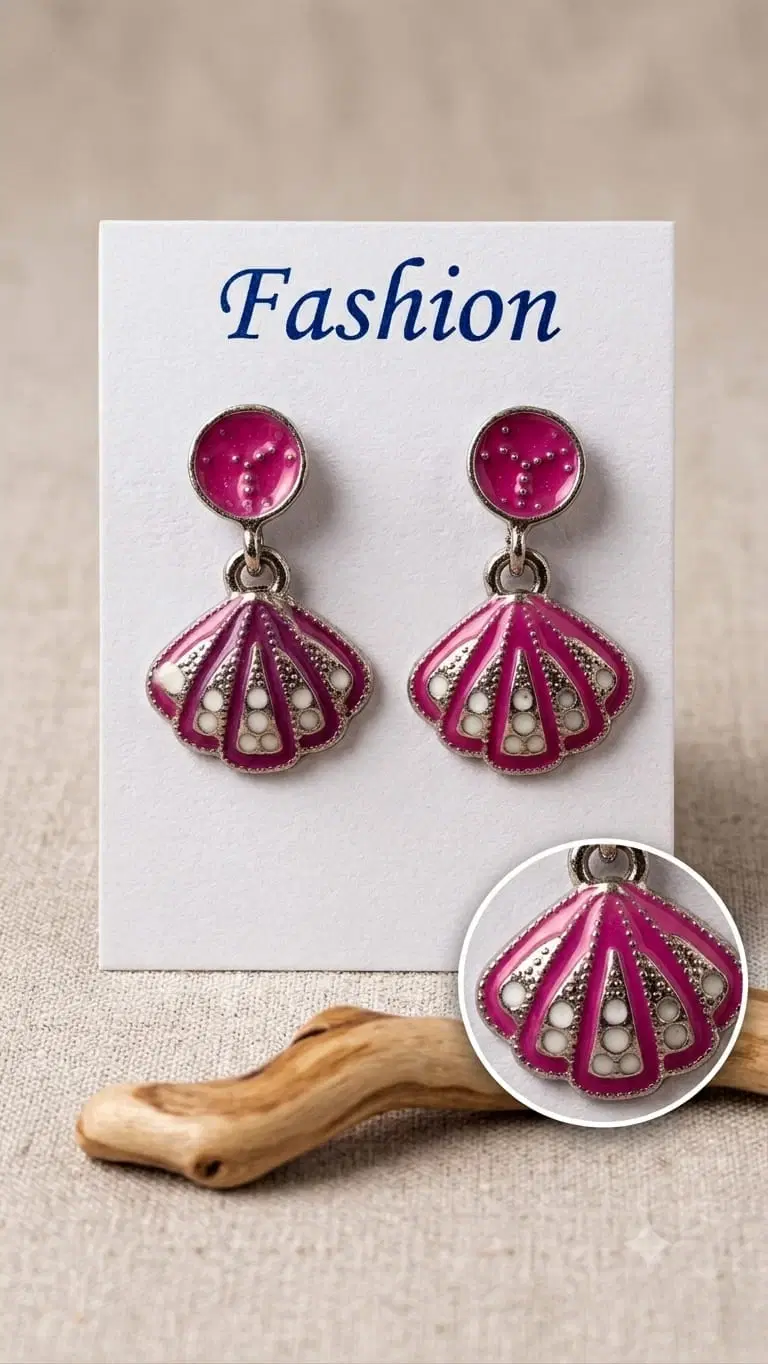 Rani Pink Stone Fan Drop Earrings for Women, Crystal Shell Dangle Earrings
