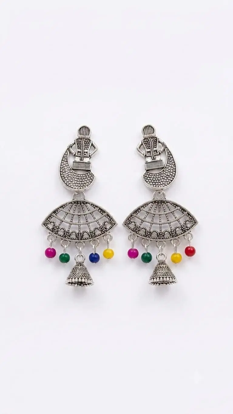 Oxidised Silver Jhumka Drop Earrings for Women, Colorful Bead Tassel Ethnic Earrings
