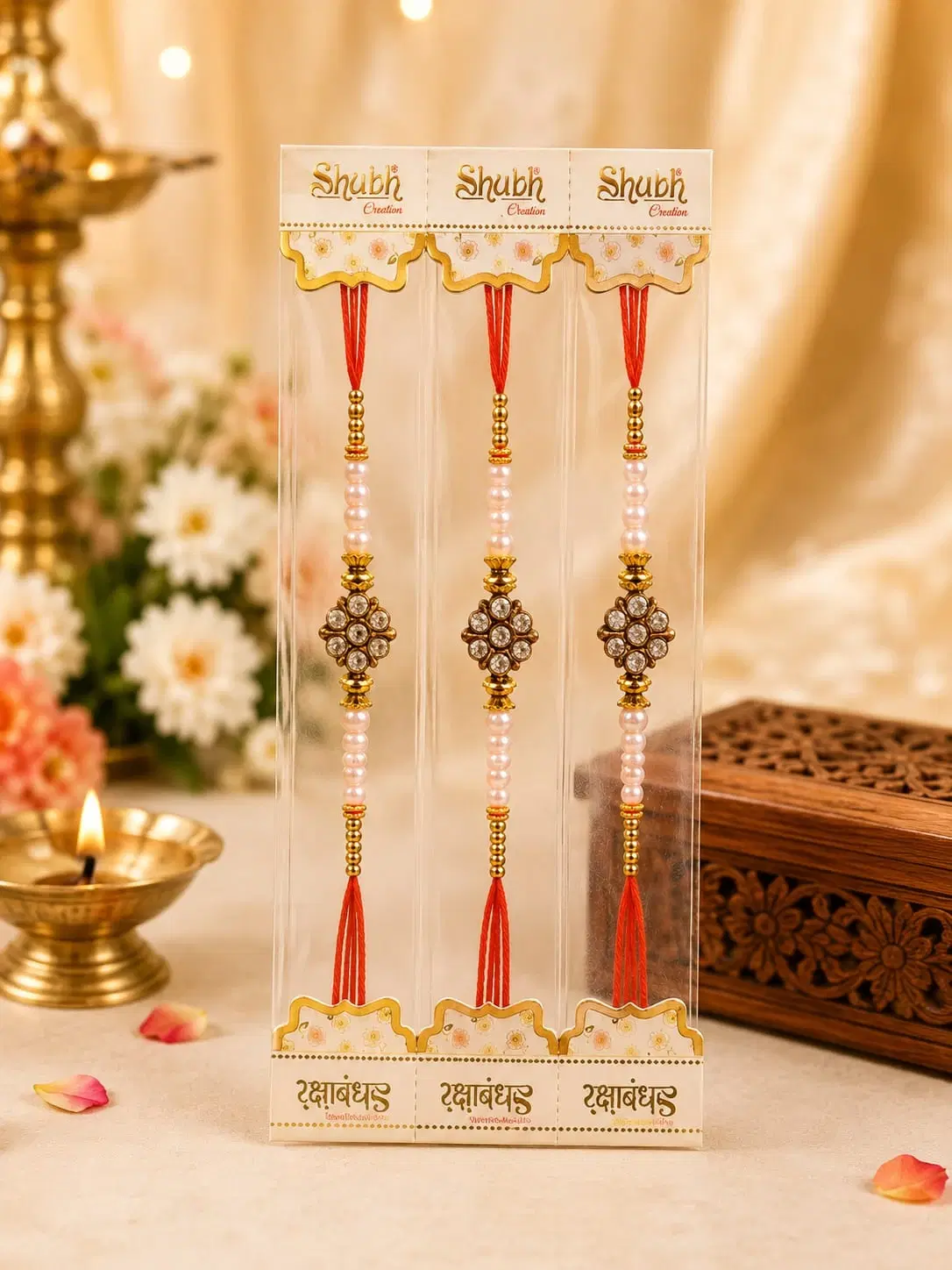 Pearl Floral Stone Rakhi Bracelet Set