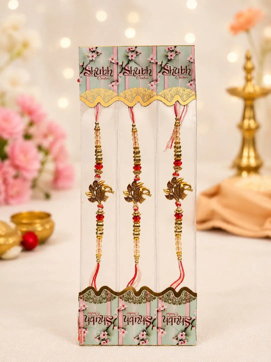 Peacock Charm Pearl Rakhi Bracelet Set