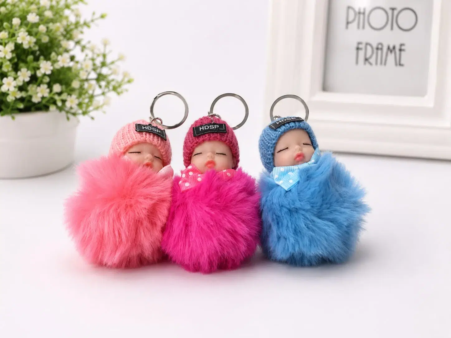 Multicolor Faux Fur Pom Pom Keychain Set