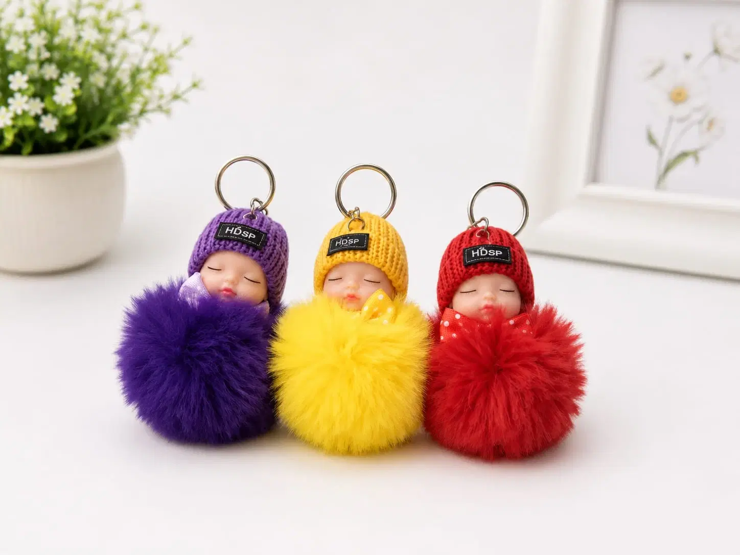 Multicolor Faux Fur Pom Pom Keychain Set
