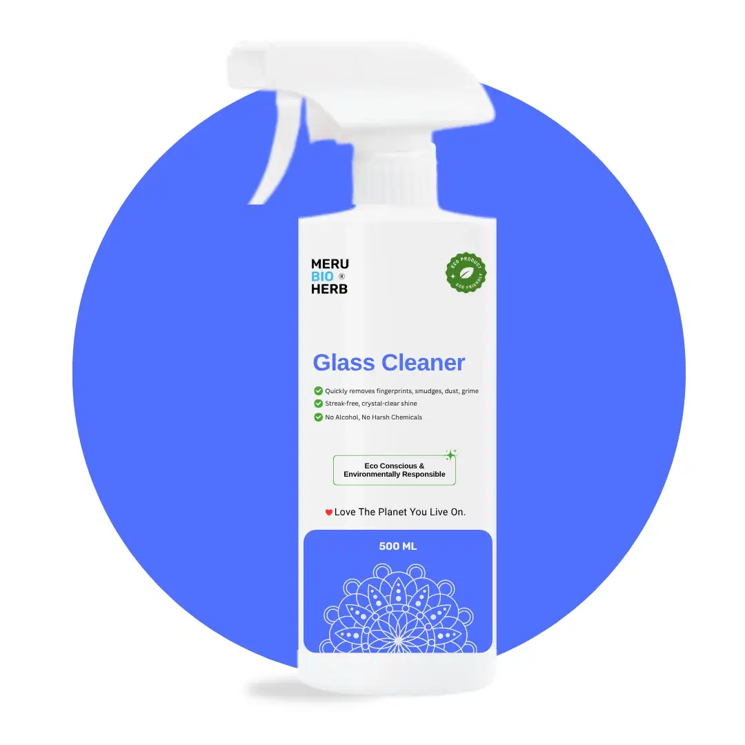 Meru Bio Herb Glass Cleaner 500 ml spray bottle with white trigger and blue label