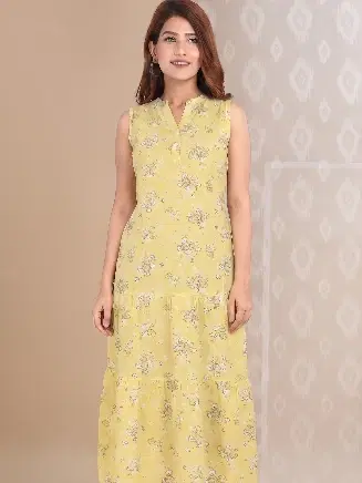 Women's Yellow Floral Print Tiered Dress