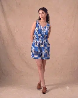 Women's Blue Geometric Print Sleeveless Jumpsuit