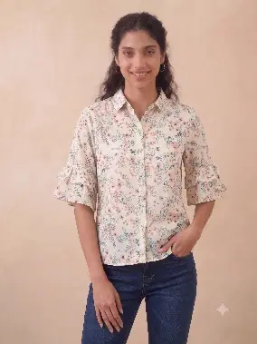 Women's White Floral Print Relaxed Fit Shirt