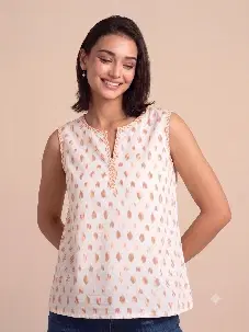 Women's White Ikat Print Sleeveless Top