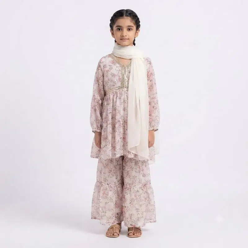 Girls Floral Printed Peplum Sharara Set With Dupatta