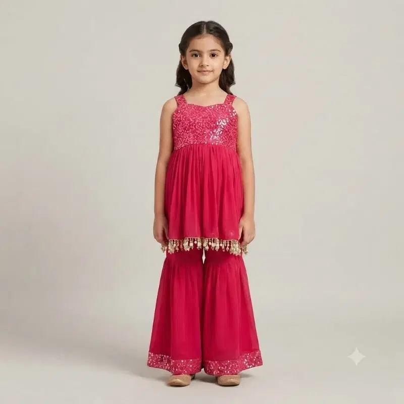 Girls Hot Pink Sequinned Peplum Top With Sharara Set