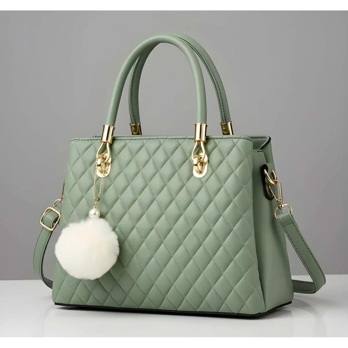 Premium Quality Women's Stylish PU Leather Handbag - Sage Green Quilted Tote