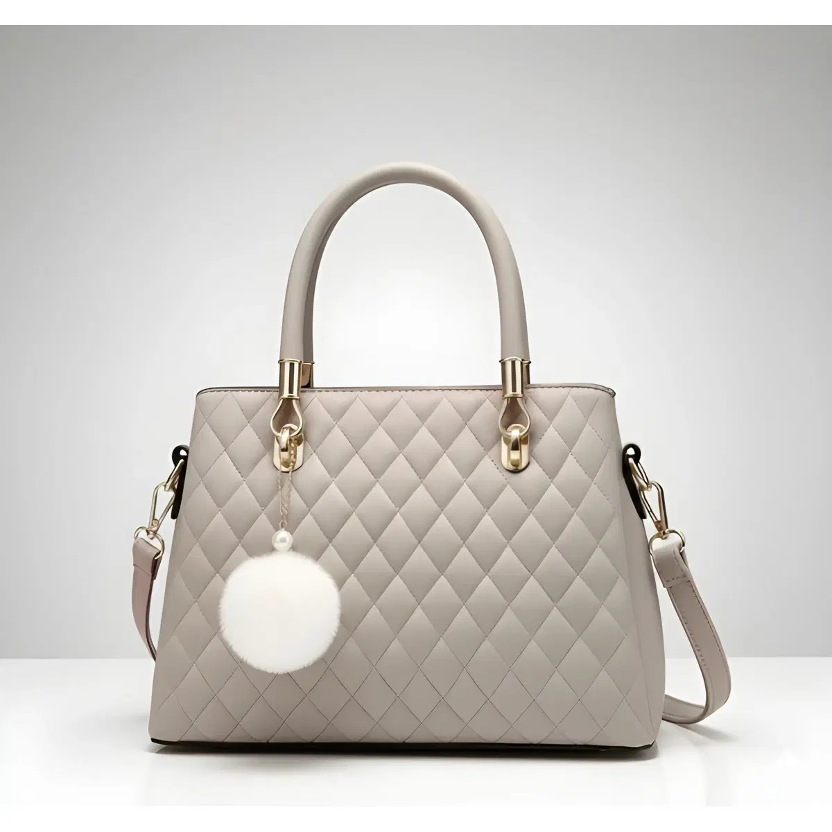 Premium Quality Women's Stylish PU Leather Handbag - Beige Quilted Tote