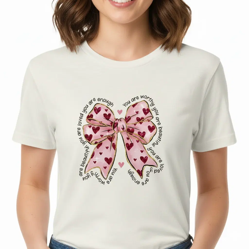 Women’s White Graphic T-Shirt with Pink Bow Print