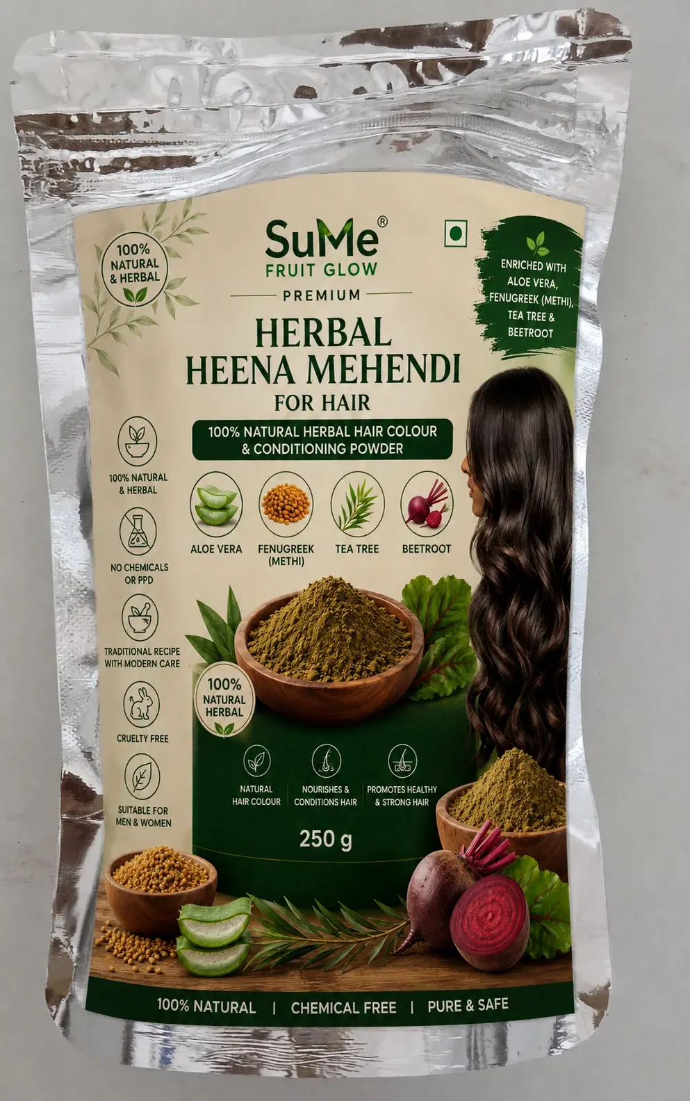 SuMe Fruit Glow Premium Herbal Heena Mehendi for Hair 250 g pouch with aloe vera, fenugreek, tea tree and beetroot