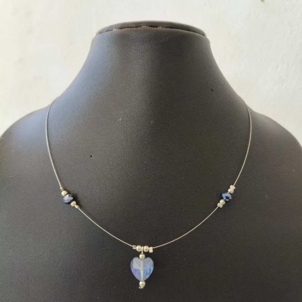 Invisible Chain Necklace, Single Layer, Grey Crystal Beads, Heart Pendant, Silver Tone, 1 Qty