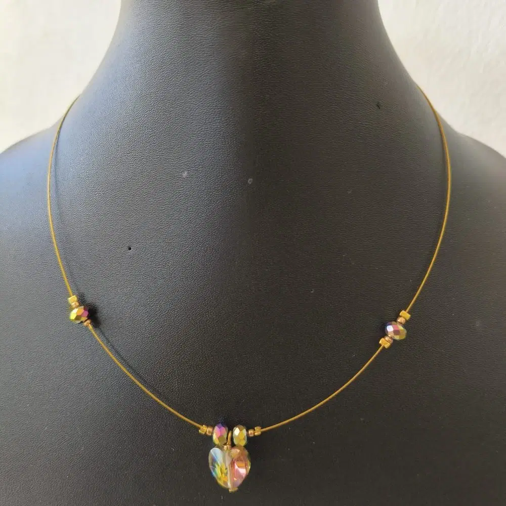 Invisible Chain Necklace, Single Layer, Multi-Colour Crystal Heart Pendant, Gold Tone, 1 Qty