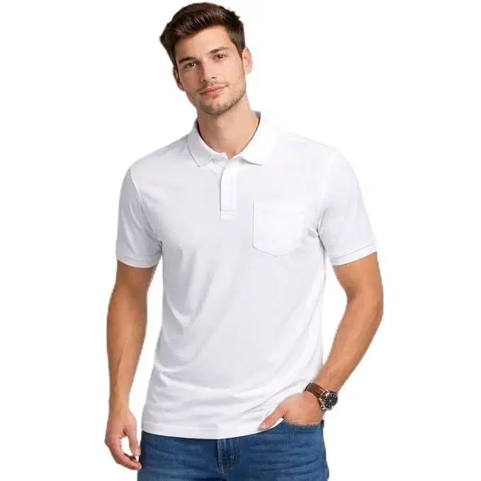Men's Polyester Polo T-Shirt, Pocket, White, L, 1 Qty