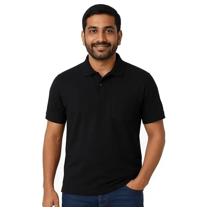 Men's Cotton Polo T-Shirt with Pocket, Black, XL, 1 Qty