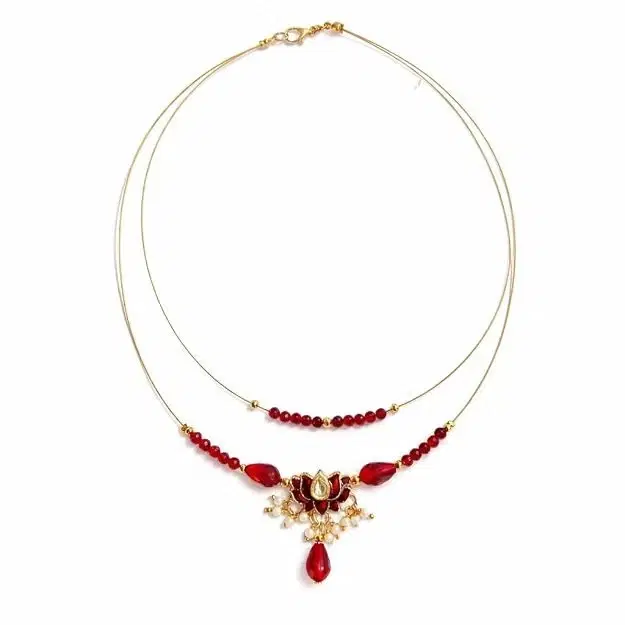 Invisible Chain Necklace, Double Layer, Deep Red Beads, Lotus Pendant, Gold Tone, 1 Qty