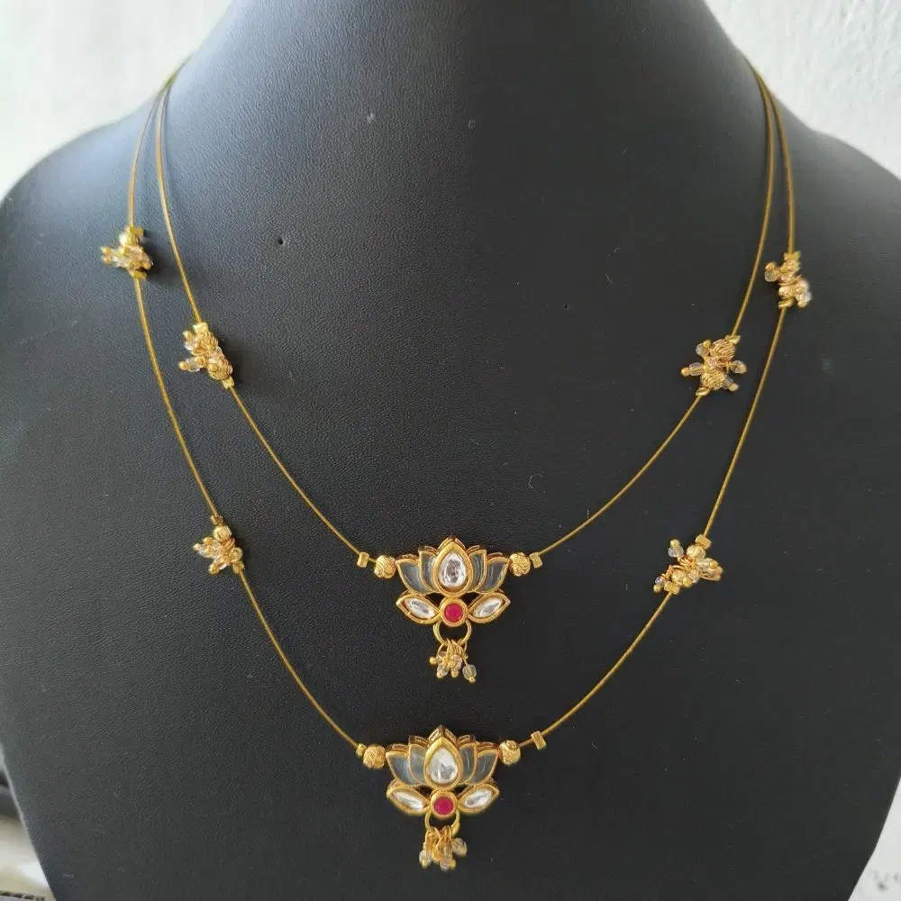 Invisible Chain Necklace, Double Layer, Grey Stone Double Lotus Pendant, Gold Tone, 1 Qty