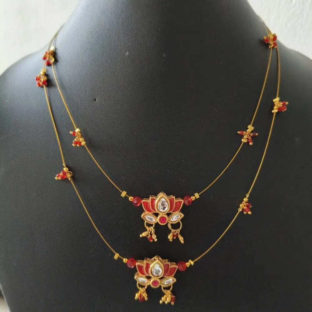 Invisible Chain Necklace, Double Layer, Red Double Lotus Pendant, Gold Tone, 1 Qty