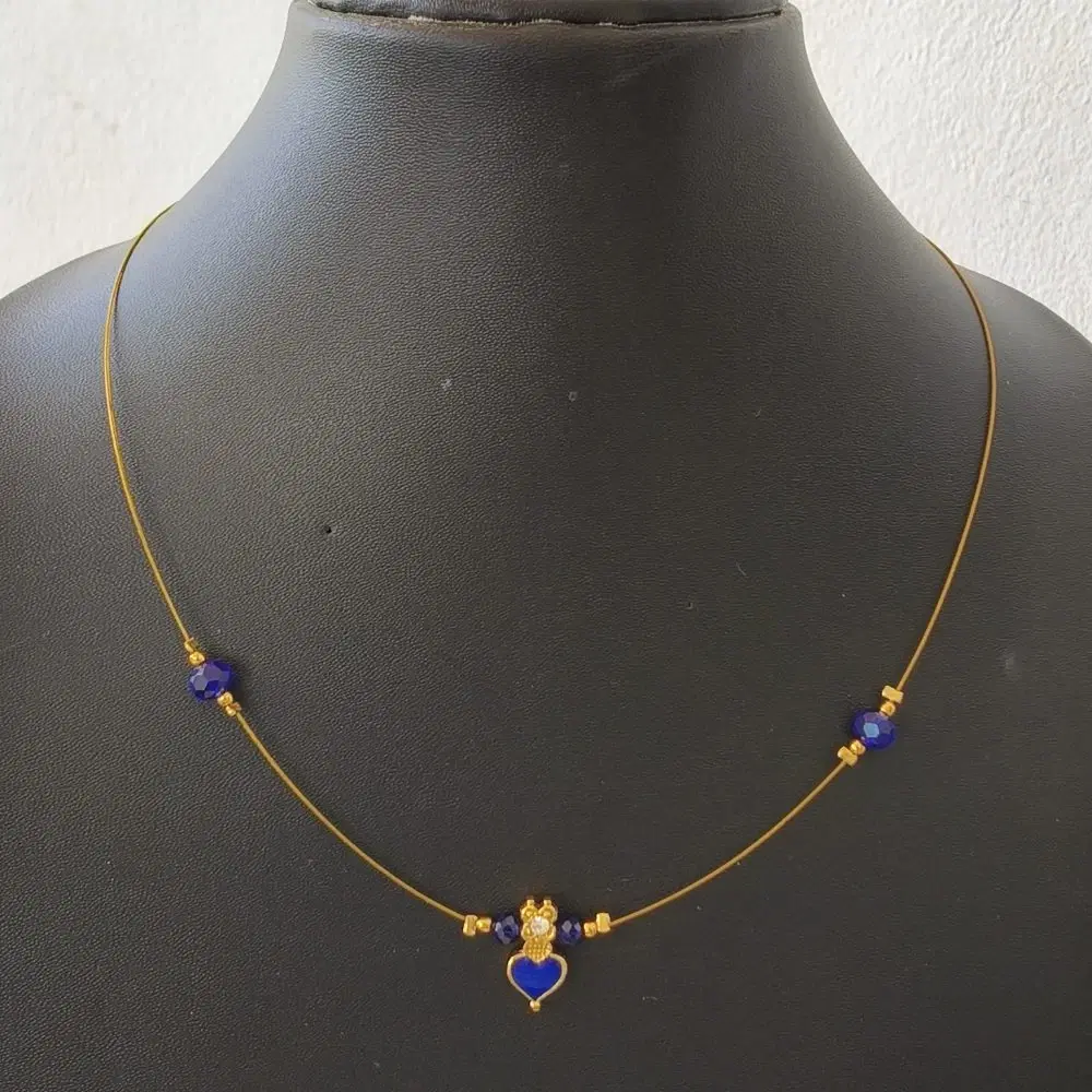 Invisible Chain Necklace, Single Layer, Blue Beads, Heart Pendant, Gold Tone, 1 Qty