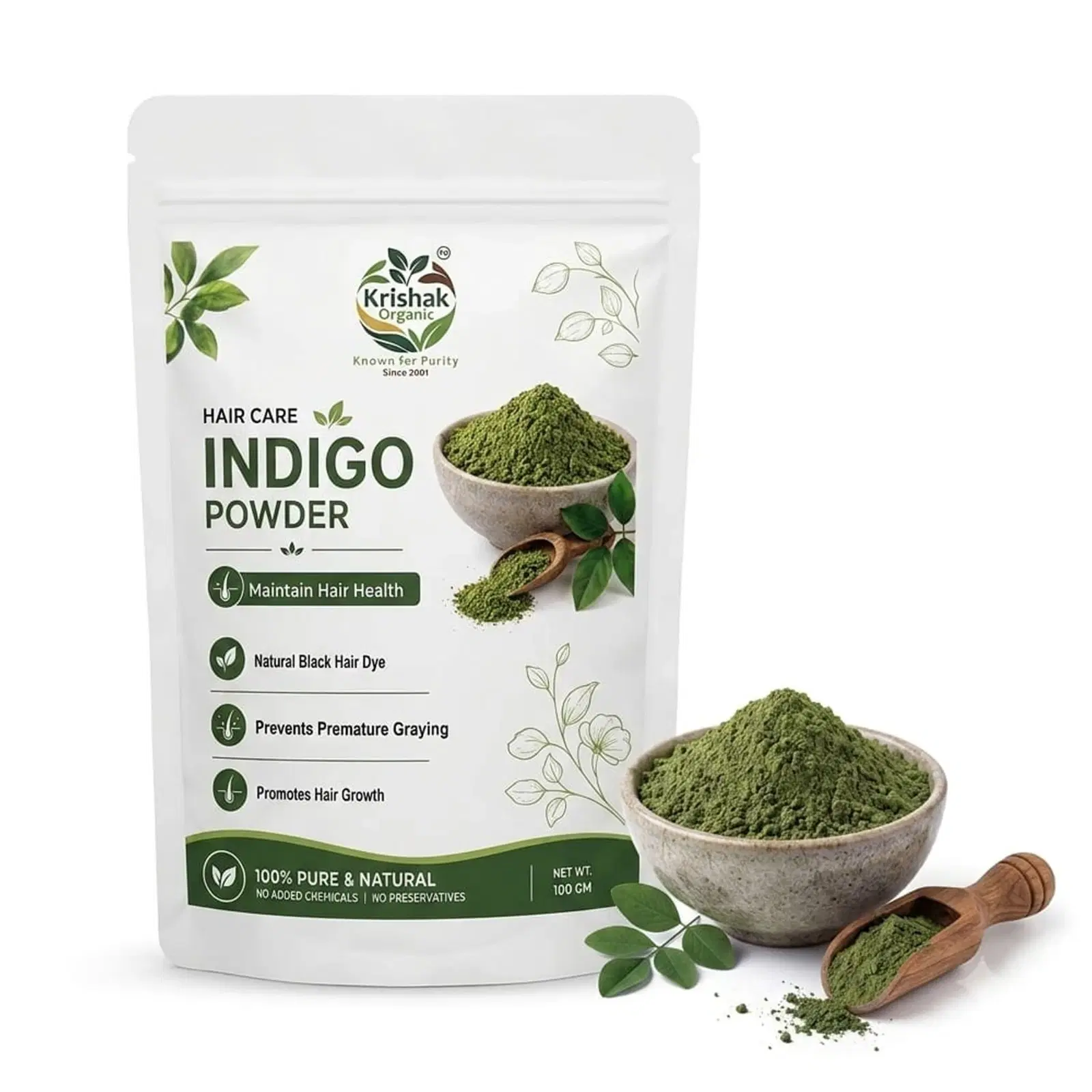 Front of Krishak Organic Indigo Powder pouch with green powder bowl, scoop, and benefit list