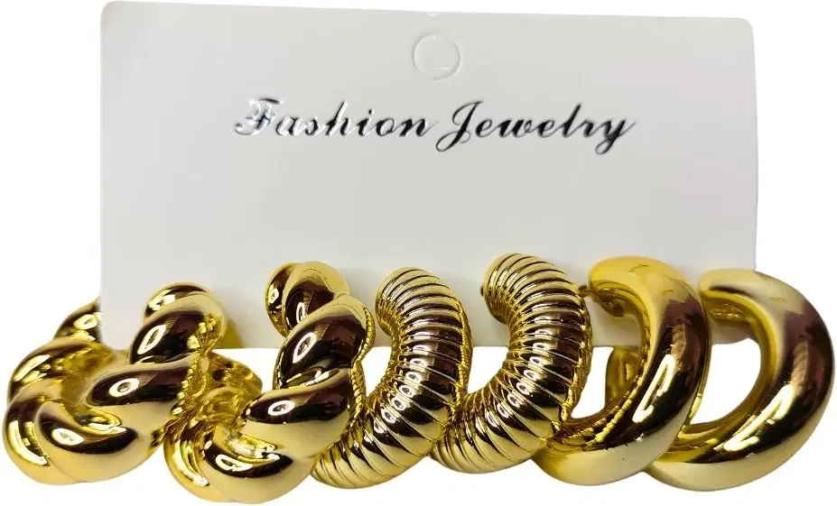 Tahaniya Gold-Tone Hoop Earrings Set, 3 Pairs, Twisted Rope and Ribbed Design Styles Hoop Earring