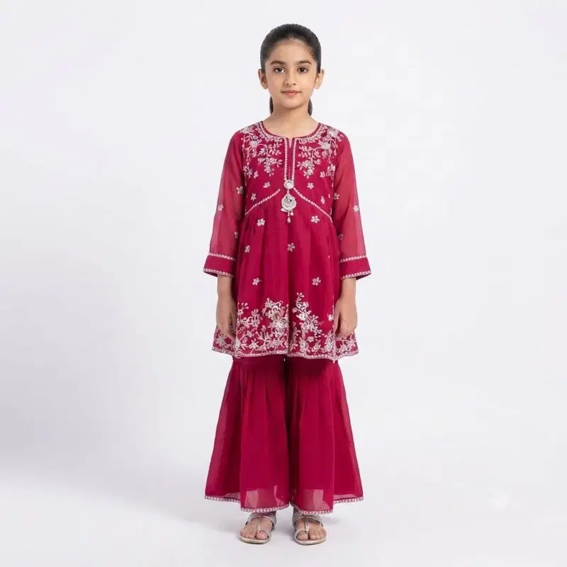 Kids Magenta Embroidered Peplum Kurta With Sharara Set