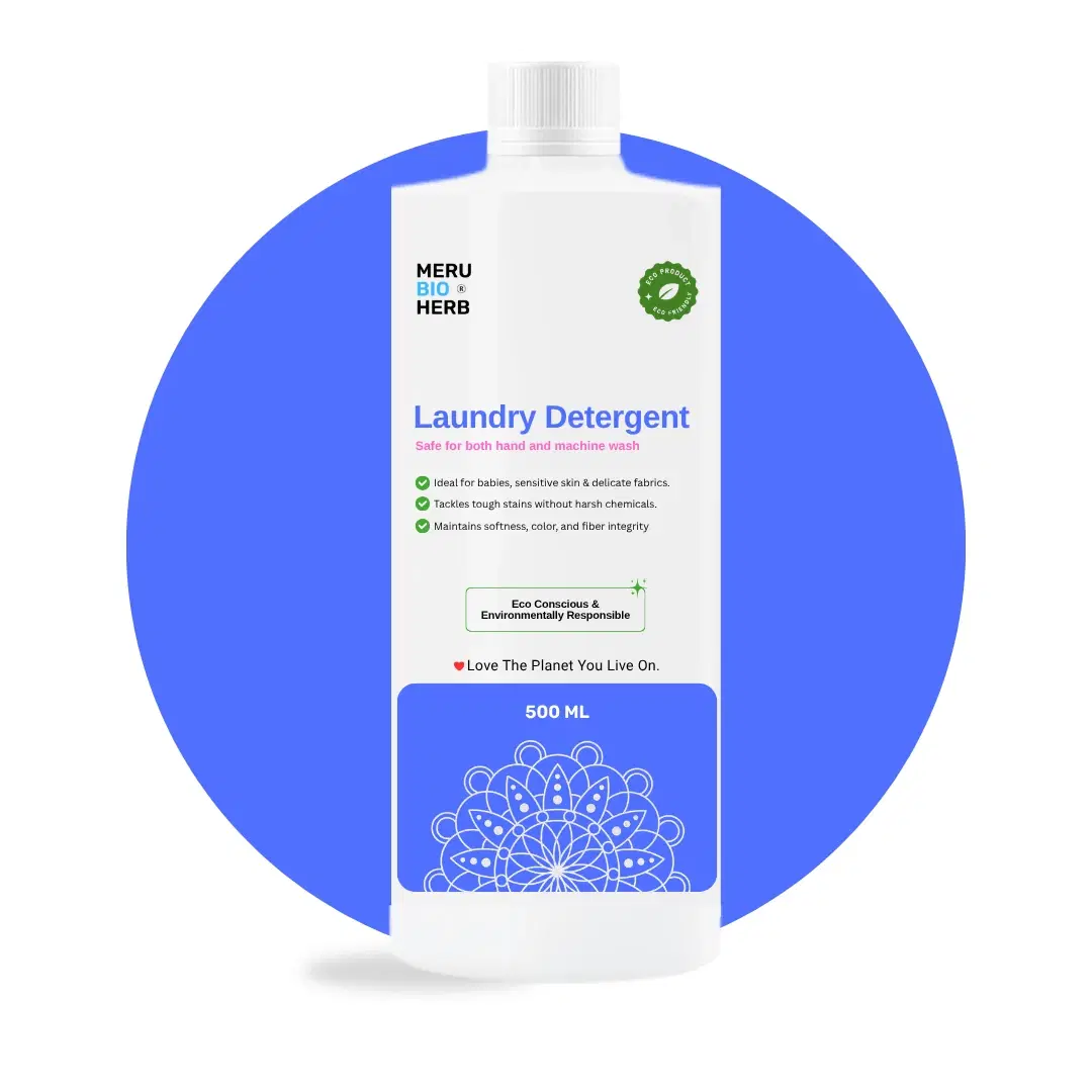 Meru Bio Herb laundry detergent 500 ml bottle with blue label for hand and machine wash