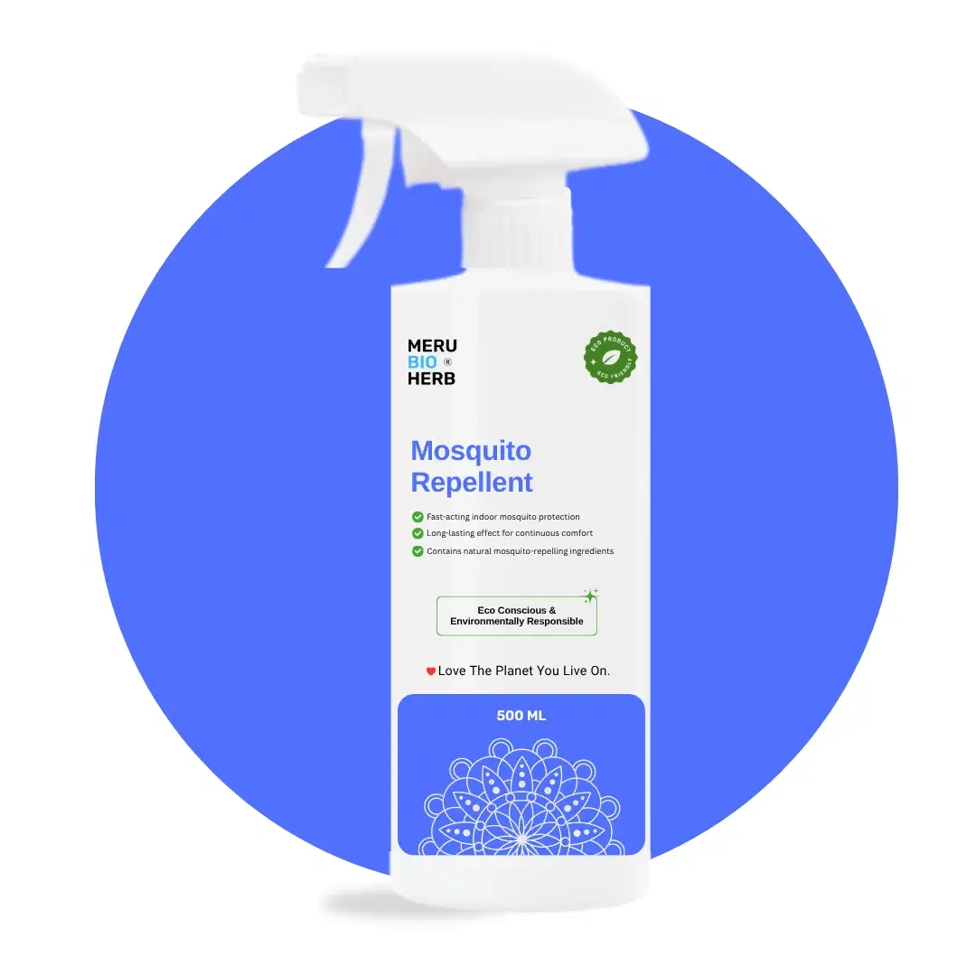 Meru Bio Herb mosquito repellent spray bottle with trigger nozzle, 500 ml, on blue circular background