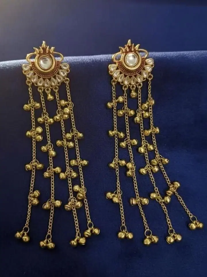 Tahaniya Kashmiri Style Gold Plated Long Chain Earrings Drops & Danglers