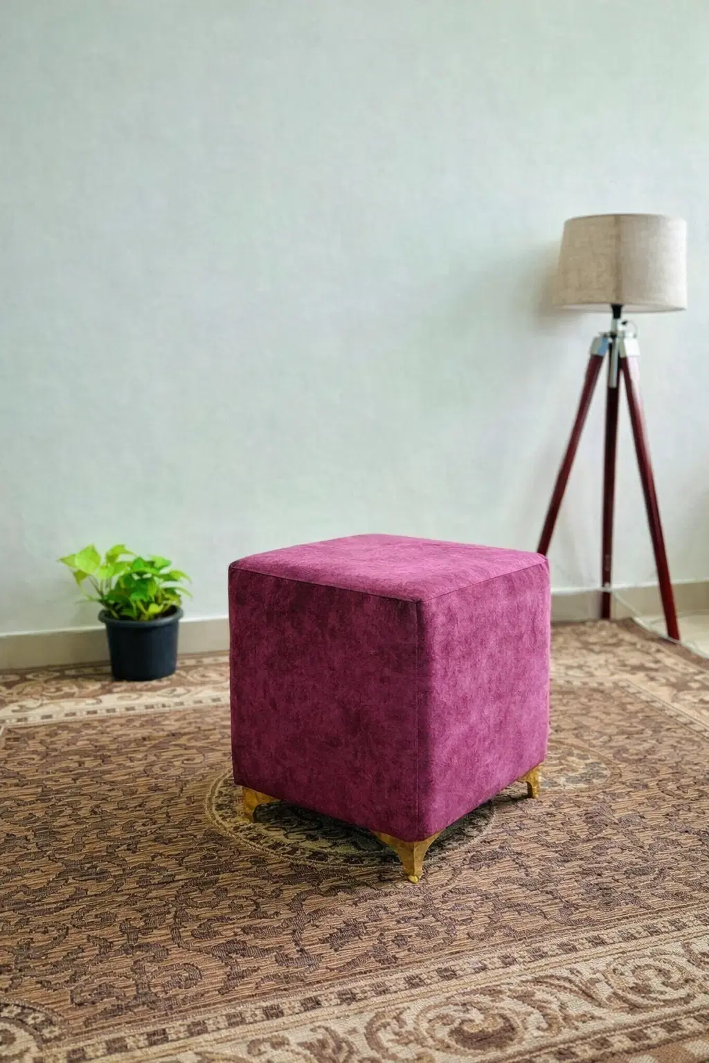 Elegant Pink Velvet Accent Stool With Floral Print