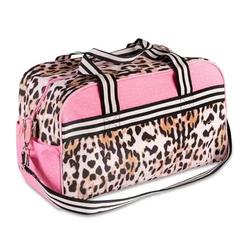 Stephen Joseph Printed Duffle Bags | Kids Attractive Design Round Travelling Bag for Sports, Dance, Gymnastics, Adjustable Detachable Shoulder Strap, Side Pocket with Closure (Leopord)