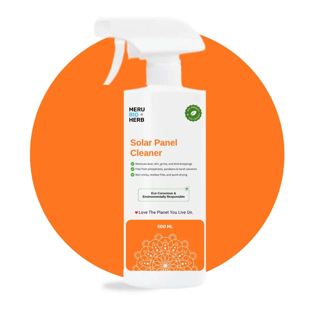 Meru Bio Herb Solar Panel Cleaner 500 ml spray bottle with white trigger and orange label