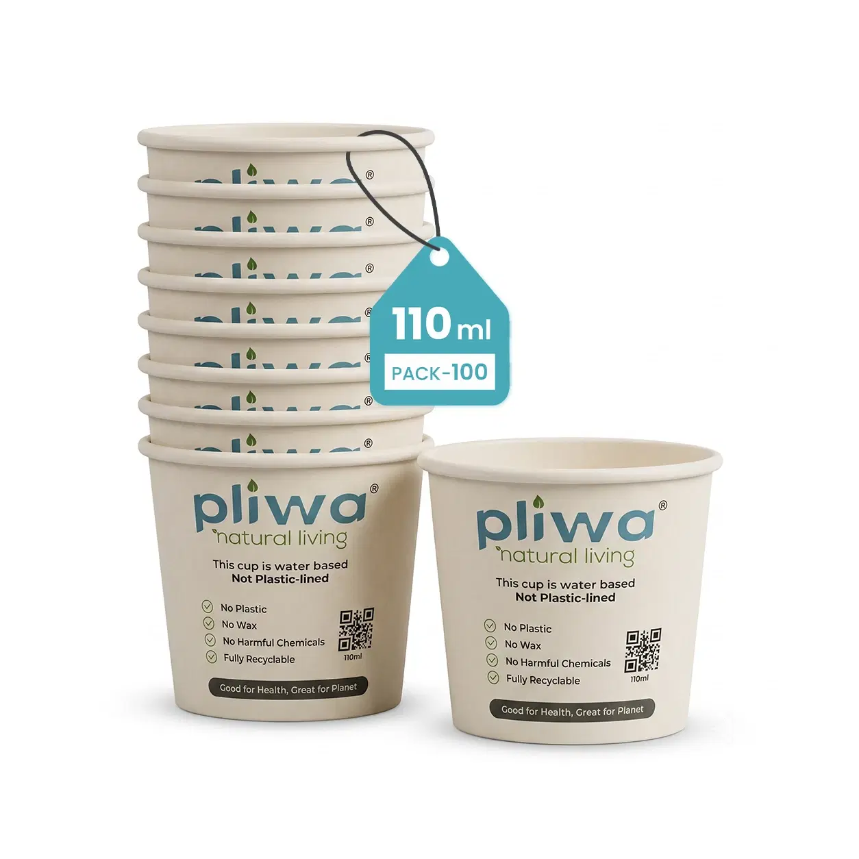 Pliwa | Paper Cup | Plastic Free | Water Based Coat (Aqueous) | 110 ml - Pack of 100 | for Hot & Cold | Eco-Friendly